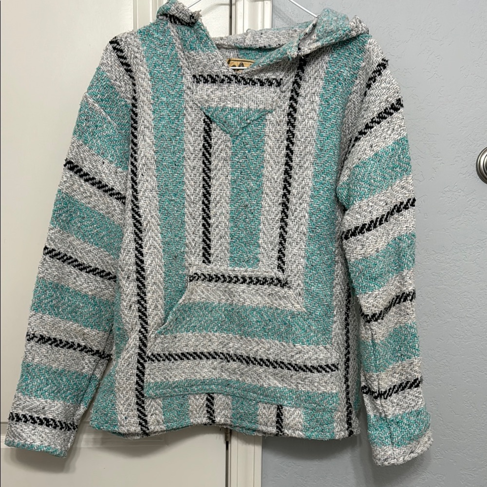 Striped Hooded Sweater in Teal and Gray